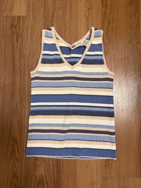 Faded Glory Blue and Cream Striped V-Neck Ribbed Tank